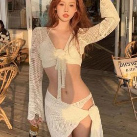 Long-sleeved Knitted Swimsuit Sexy Pure Desire Style Small Chest Push Up Holiday (Option: Beige-XL)