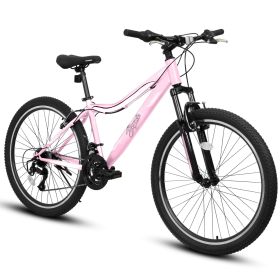 A24208D Mountain Bike 24 26 Inch, High-Density Carbon Steel Frame, 21 Speed, Front Suspension, Dual V-Brakes, Pre-Assembled For Men Women Teens (Option: Pink)