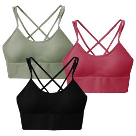 3Packs Women Cross Back Sport Bras Padded Strappy Medium Support Bras Sexy Fitness Tank Tops with Removable Pads for Gym Yoga Workout Running (Option: BraGNRDBKS)
