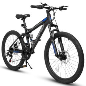 A2460 24 Inch Mountain Bike With Full Suspension, 21 Speed Grip Shifters, High Carbon Steel Frame, Mechanical Disc Brakes, Unisex For Men Women A (Option: Black)