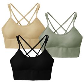 3Packs Women Cross Back Sport Bras Padded Strappy Medium Support Bras Sexy Fitness Tank Tops with Removable Pads for Gym Yoga Workout Running (Option: BraGNBKBGES)