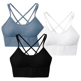 3Packs Women Cross Back Sport Bras Padded Strappy Medium Support Bras Sexy Fitness Tank Tops with Removable Pads for Gym Yoga Workout Running (Option: BraBKWHBUS)