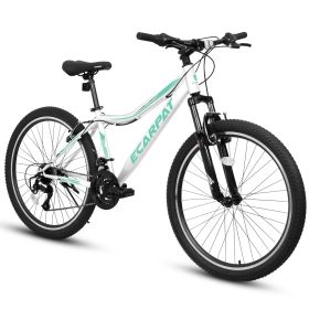 A26208 Ecarpat 26 Inch Mountain Bike, 21-Speed V-Brake, Front Suspension, Carbon Steel Frame Mountain Bike For Teenagers Girls Women Bicycles (Option: White)