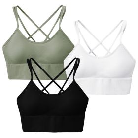 3Packs Women Cross Back Sport Bras Padded Strappy Medium Support Bras Sexy Fitness Tank Tops with Removable Pads for Gym Yoga Workout Running (Option: BraGNBKWHXL)
