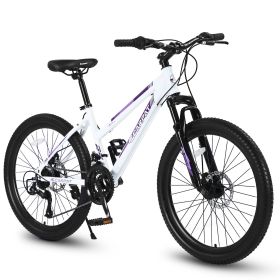 S24103  24 Inch Mountain Bike For Teenagers Girls Women, Shimano 21 Speeds With Dual Disc Brakes And 100mm Front Suspension, White-Pink (Option: White)