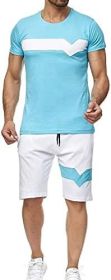 Men's Splicing 2 Piece Tracksuits Casual Short Sleeve Shirts and Shorts Suits (Color: Blue, size: M)