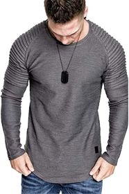 Men' s Long Sleeve Casual Shirts Solid Color Casual Top Stitching Stylish Dress Round Neck Slim Fit Male Shirts (Color: Grey, size: M)