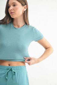 MONO B Essential Micro-ribbed Cropped Athleisure Tee (Color: GREY TEAL, size: S)