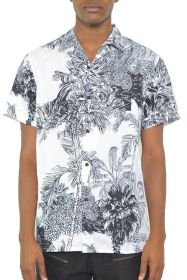 MENS WHITE BLACK PRINT BUTTON DOWN SHIRT (Color: White, size: XL)