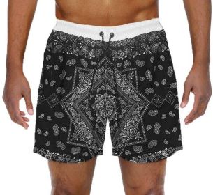 Paisley Bandana Print Swim Trunks Board Shorts (Color: BLACK, size: S)