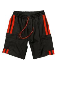 Two Stripe Cargo Pouch Shorts (Color: BLACK RED, size: L)