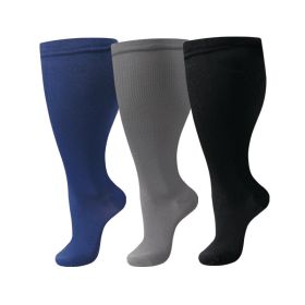 3 pairs Plus-Size Nylon Compression Stockings (black grey blue: 2XL)