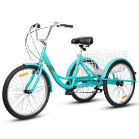 A24632 Adult Tricycles 7 Speed, Adult Trikes 24 inch 3 Wheel Bikes, Three-Wheeled Bicycles Cruise Trike with Shopping Basket for Seniors, Women, (Color: Blue)