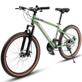 A24301 24 Inch Mountain Bike For Teenagers, High Carbon Steel Frame, Disc Brakes, Durable Design, Brown Edge Tires, Ideal For School Commuting (Option: Green)